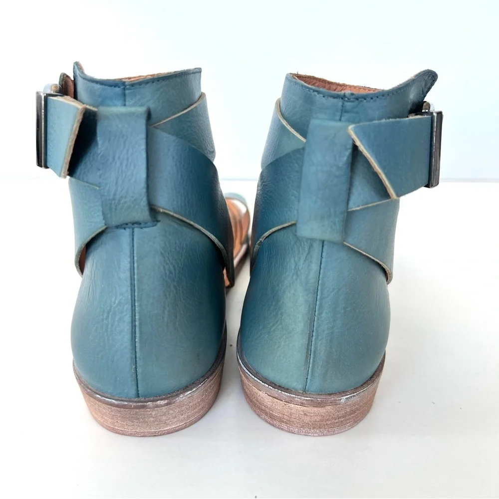 FREE PEOPLE Vale Blue Leather Ankle Buckle Strap Flat Boot Sandals Sz 41 NWOB